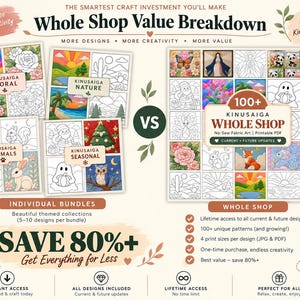 May include: A digital infographic titled Whole Shop Value Breakdown displaying Kinusaiga no-sew fabric art patterns. It features individual bundles for floral, nature, animal, and seasonal themes, alongside a large grid of 100+ patterns, text details, and savings information.