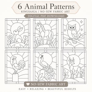 Può includere: Un download PDF digitale con 6 motivi animali per l'arte tessile senza cuciture Kinusaiga. I disegni a linee bianche e nere raffigurano un coniglio, un cavallo, un gufo, un gallo, un pavone e un cervo, incorniciati da un motivo solare.