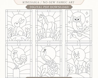 May include: A digital PDF download featuring 6 animal patterns for Kinusaiga no-sew fabric art. The black and white line drawings depict a rabbit, horse, owl, rooster, peacock, and deer, each framed within a sunburst background design.