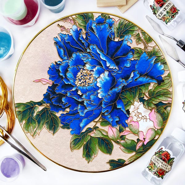 Cloisonne DIY KitBlue Peony Flower-Perfect Gift for Art Lovers Including All Tools Diameter 30cm/9.85in
