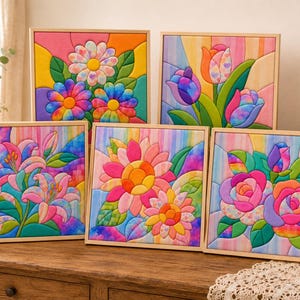 Può includere: Cinque quadri quadrati incorniciati con vivaci disegni floreali multicolori. Ogni pannello mostra fiori stilizzati tra cui margherite, tulipani, gigli, girasoli e rose con un'estetica a vetrata in tonalità brillanti e sature.