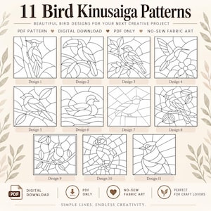 Pode incluir: Uma coleção digital de 11 padrões de Kinusaiga de pássaros com desenhos de linhas em preto e branco. O documento inclui 11 ilustrações distintas de pássaros rotuladas de Design 1 a 11, apresentadas como download em PDF para arte em tecido.