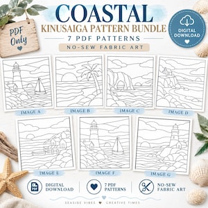 May include: A digital download bundle of 7 Kinusaiga patterns featuring coastal scenes. The black and white line art includes lighthouses, sailboats, palm trees, and rocky shorelines labeled Image A through G. Text includes Coastal Kinusaiga Pattern Bundle, 7 PDF Patterns, No-Sew Fabric Art, and PDF Only.