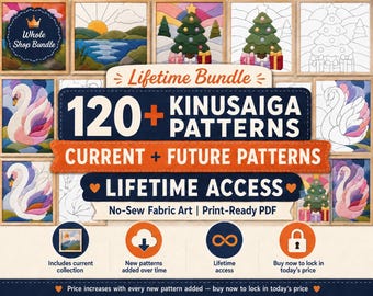 May include: A digital bundle of 120+ Kinusaiga patterns for no-sew fabric art, featuring print-ready PDF files. The display includes colourful illustrations of swans, landscapes, and Christmas trees, with text indicating lifetime access to current and future designs.