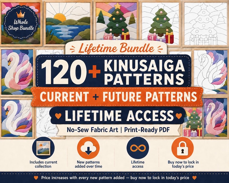 May include: A digital bundle of 120+ Kinusaiga patterns for no-sew fabric art, featuring print-ready PDF files. The display includes colorful illustrations of swans, landscapes, and Christmas trees, with text indicating lifetime access to current and future designs.