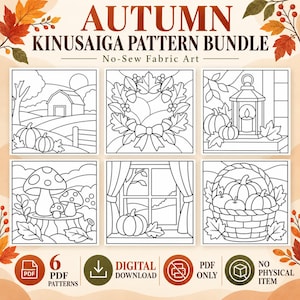 Könnte beinhalten: Ein herbstliches Kinusaiga-Musterset mit sechs schwarz-weißen Strichzeichnungen von saisonalen Motiven, darunter ein Bauernhof, ein Kranz, eine Laterne, Pilze, ein Fenster und ein Korb mit Kürbissen, mit dem Text Autumn Kinusaiga Pattern Bundle.