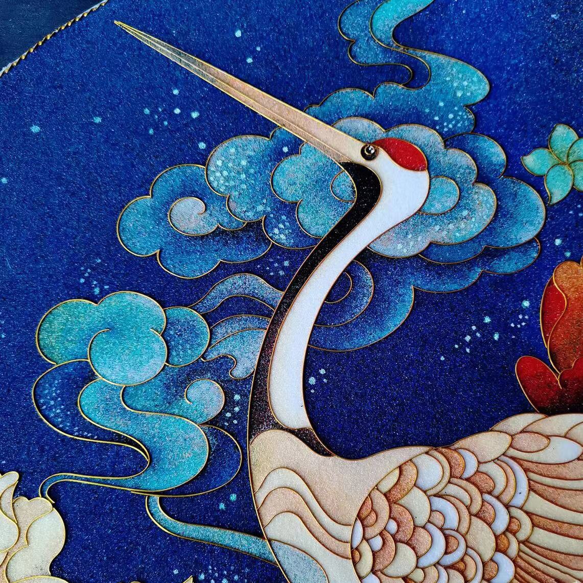  TANZEQI Cloisonne Enamel Painting DIY Kit for Chinese Cloisonné  Enamel Art of Crane and Scenery, Intangible Cultural Heritage (Crane C):  Wall Art