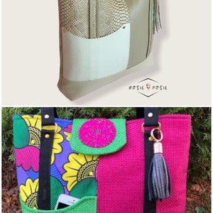 Puede incluir: Dos bolsos de mano. El primer bolso es beige con un estampado de piel de serpiente y un bolsillo blanco. El segundo bolso est&aacute; hecho de una tela rosa, verde y amarilla con una correa negra y un borla negra.