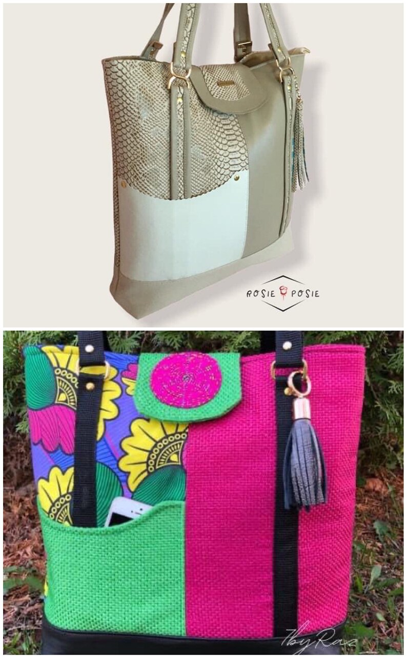 Puede incluir: Dos bolsos de mano. El primer bolso es beige con un estampado de piel de serpiente y un bolsillo blanco. El segundo bolso est&aacute; hecho de una tela rosa, verde y amarilla con una correa negra y un borla negra.