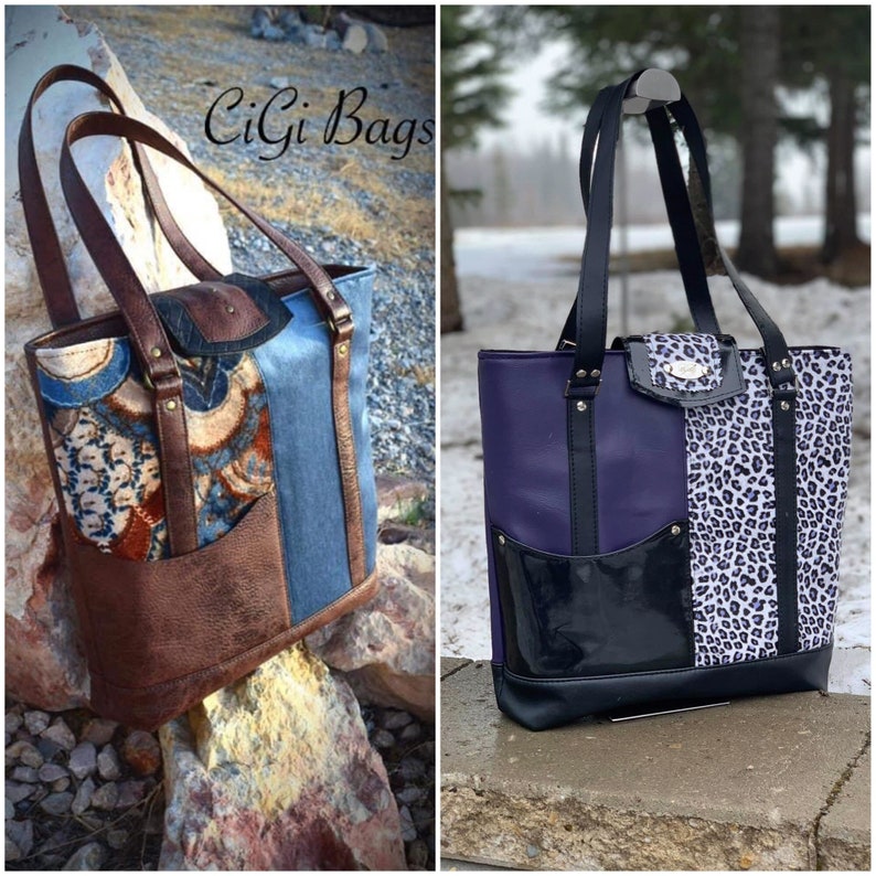 Puede incluir: Dos bolsos de mano con diferentes patrones y colores. El bolso de la izquierda tiene una base de cuero marr&oacute;n, un panel de mezclilla azul y un panel de tela estampada. El bolso de la derecha tiene una base morada, un panel de charol negro y un panel de estampado de leopardo blanco y negro. Ambos bolsos tienen asas de cuero y detalles dorados.