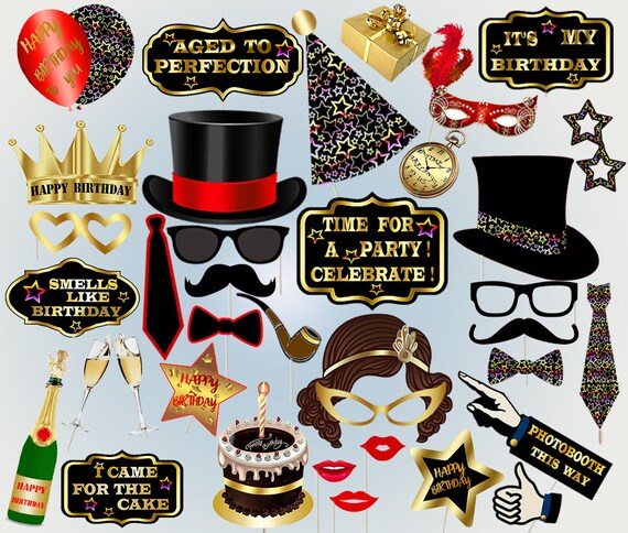 Photobooth Props Birthday Printable Props Party Black and Gold | Etsy
