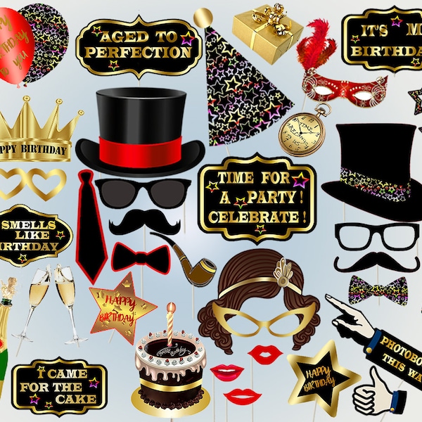 Photobooth props birthday printable props party black and gold props mustache lips birthday party hats birthday photo props printable sweet