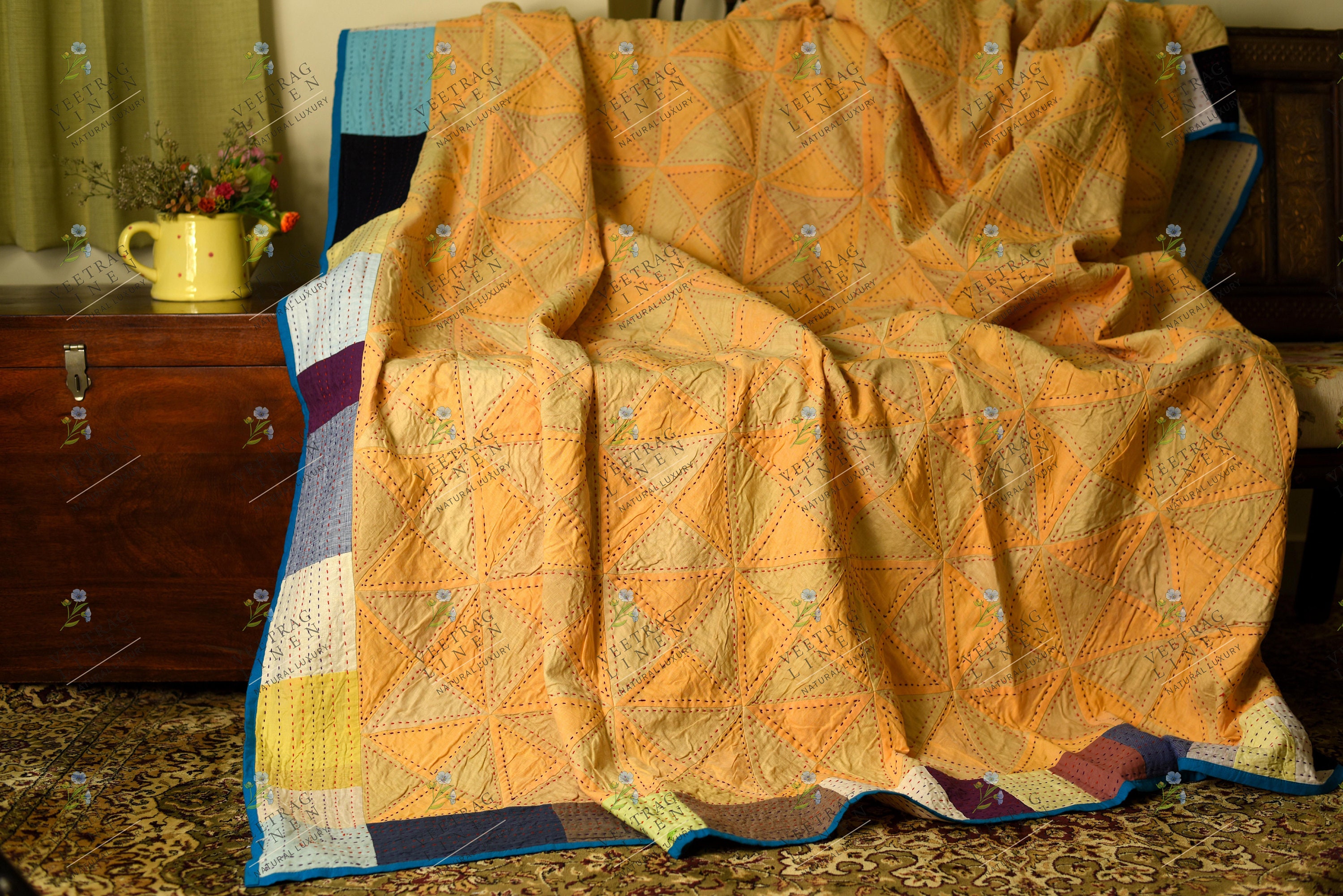 Linen Kantha Quilt 90 X 108 In/ Queen Size Quilt /patchwork Etsy