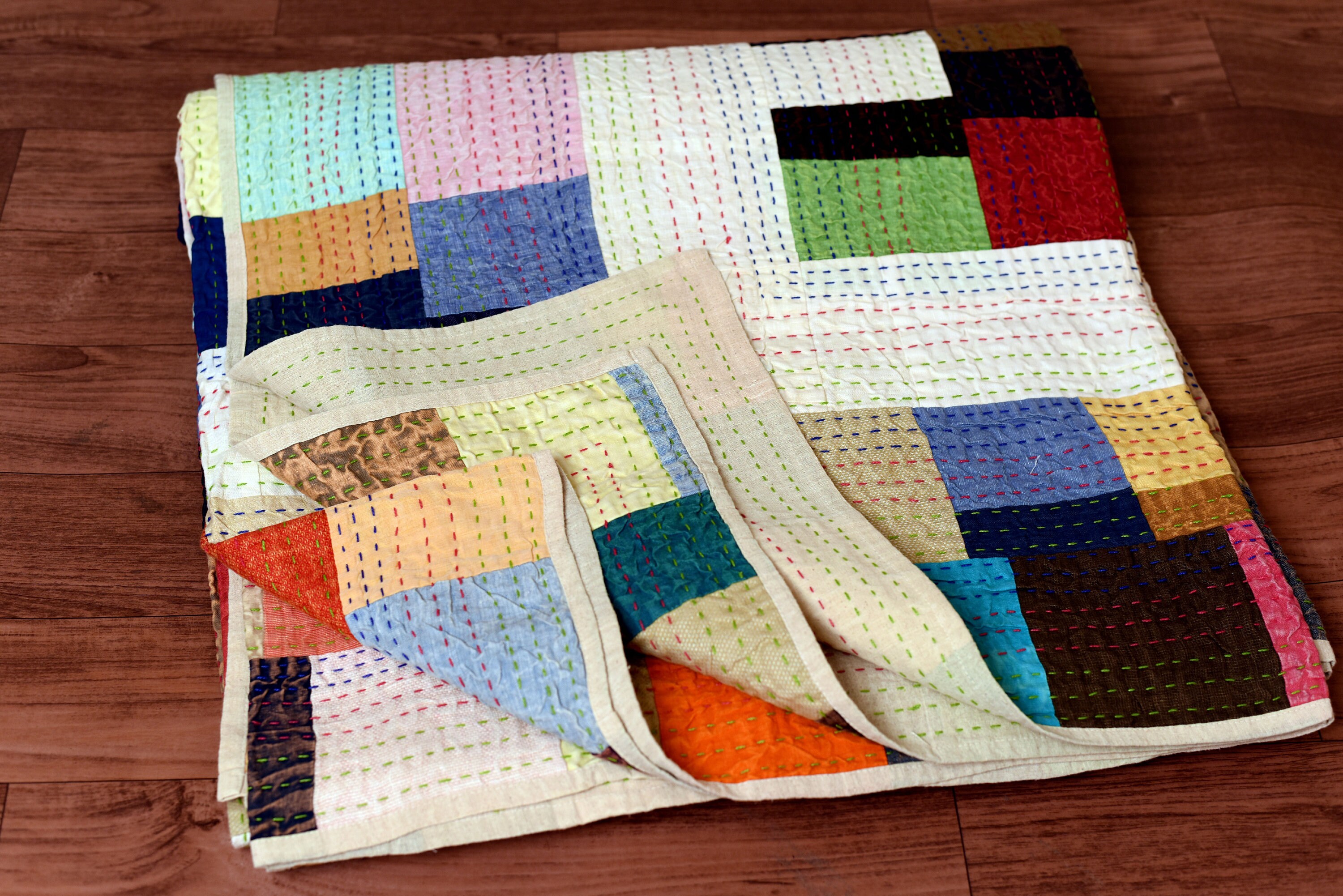 Linen kantha quilt 90 x 108 in/ queen size quilt /Patchwork Etsy