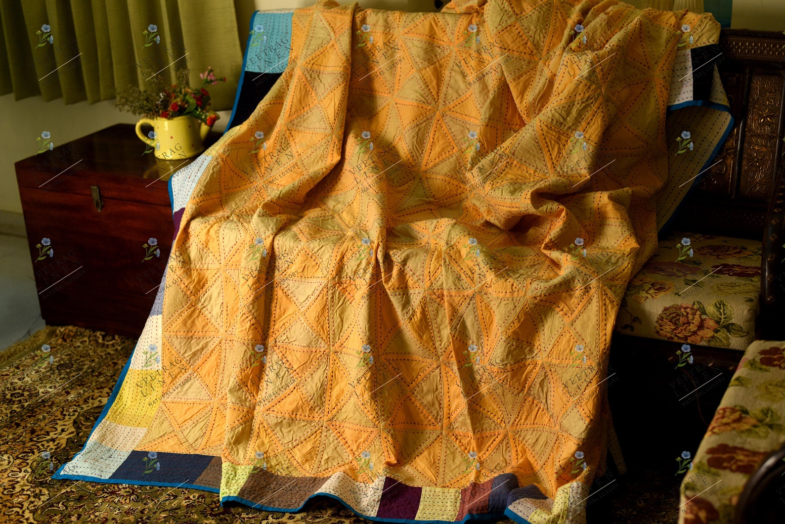 Linen Kantha Quilt 90 X 108 In/ Queen Size Quilt /patchwork Etsy