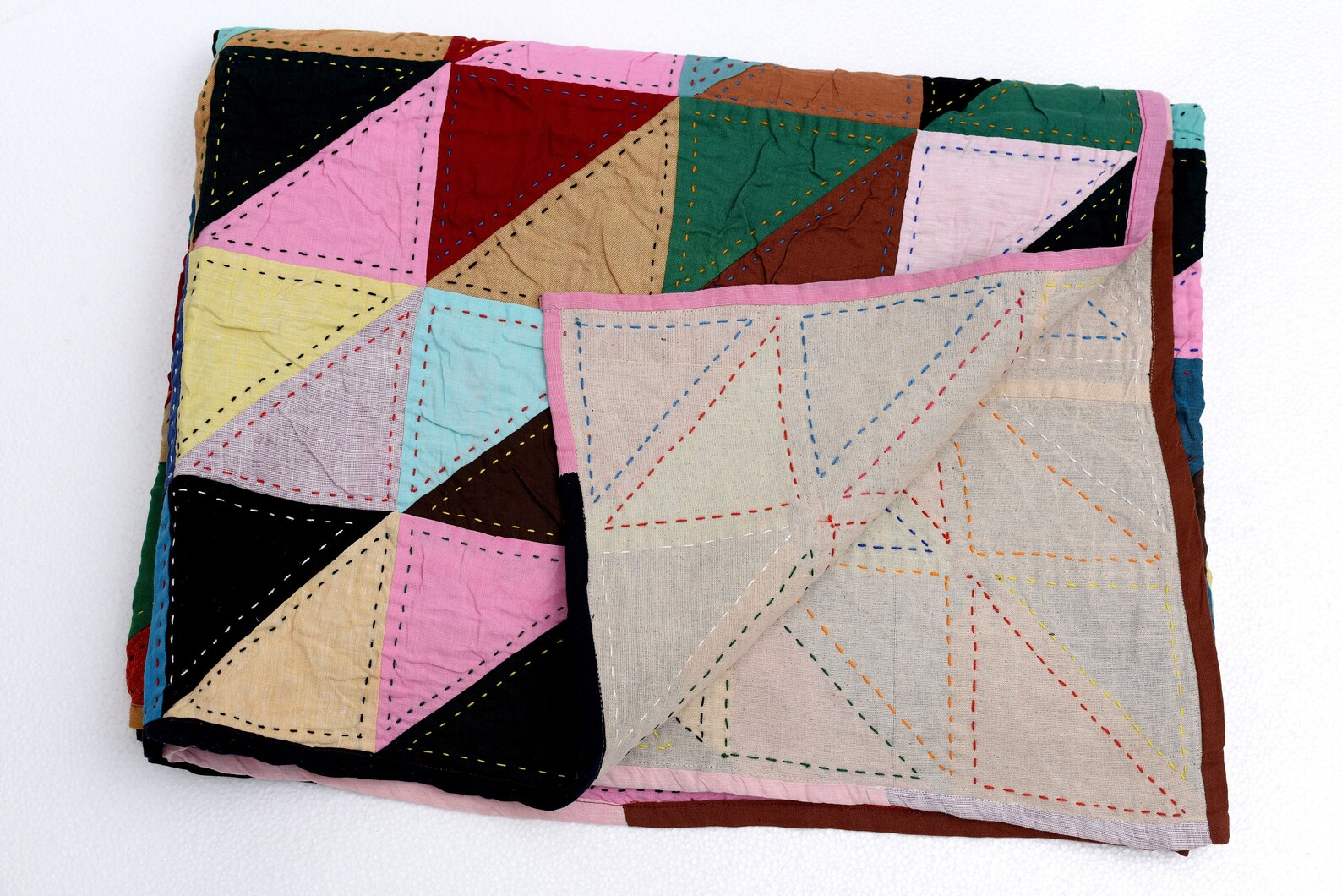 Linen Kantha Quilt 60x90 in/ Patchwork Geometric Kantha Quilt Etsy