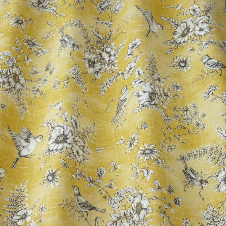 Finch Toile Floral Bird Fabric By The Metre 100 Cotton Yellow Etsy