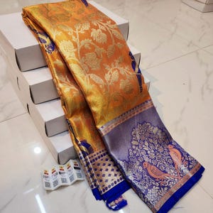 Pure traditional handloom kanjivaram silk sari with running blouse piece .it comes with silk trade mark .