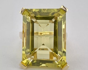 Emerald Cut Lemon Quartz Solitaire Ring: 21.40 Carats, Sterling Silver