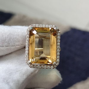 Large natural honey citrine ring, halo ring, emerald cut ring, 92.5 sterling silver ring, octagon shape ring, cocktail honey citrine ring
