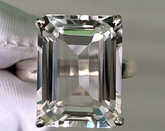 Emerald Cut Quartz Ring: Large Natural Gemstone, Sterling Silver Anniversary Ring