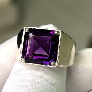 Genuine Large Natural Amethyst Ring,Solid Silver 12x12 MM Square Shape Gemstone Ring,  Men&#39;s Ring