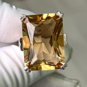 Very Large Natural Honey Citrine Ring Solid Silver 16×22 MM Princess Cut Gemstone Anniversary Ring