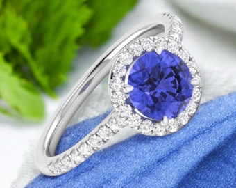 Vintage Tanzanite Halo Ring: 925 Sterling Silver, Round Cut Gemstone