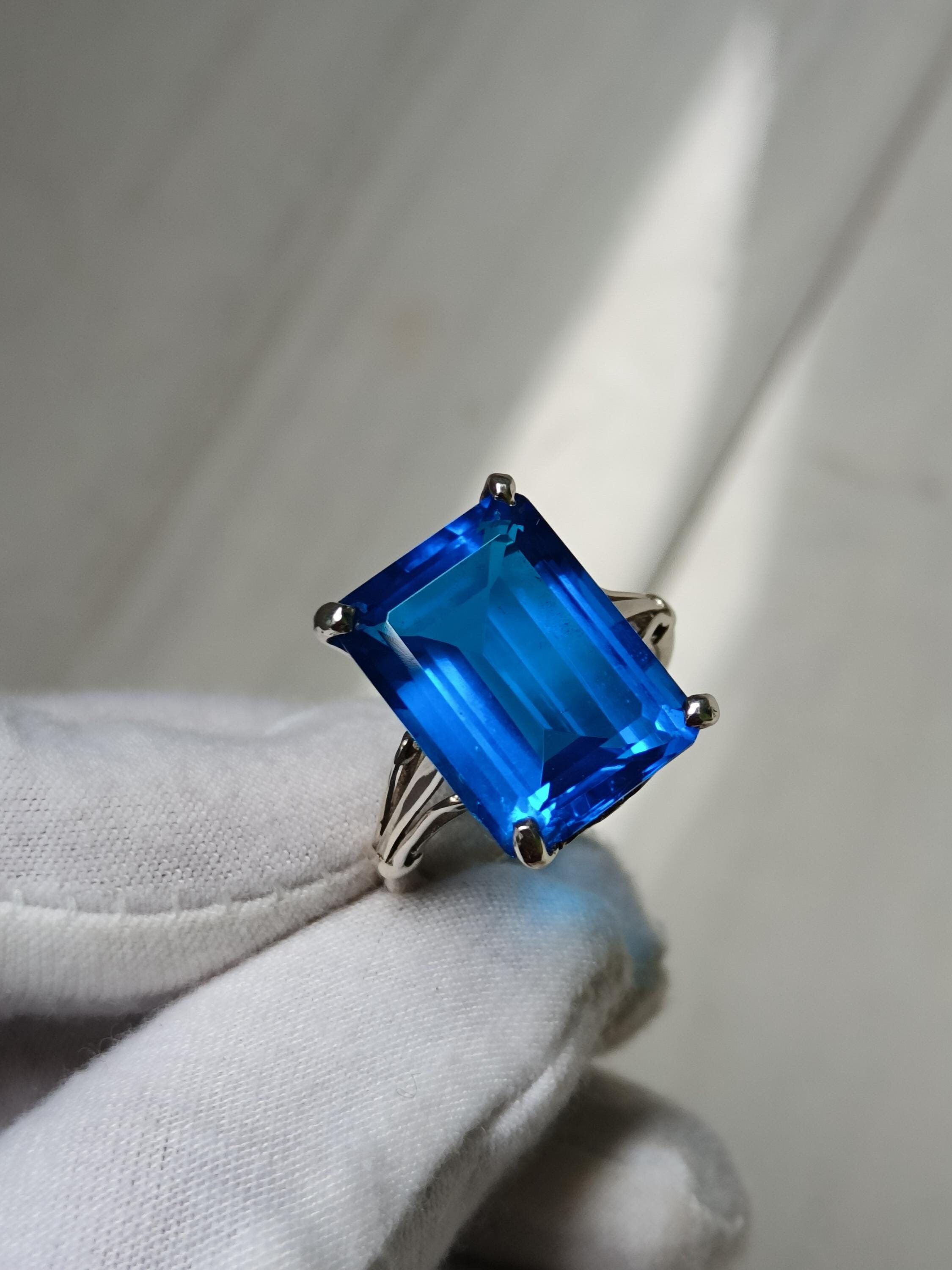 Emerald Cut Lab Blue Sapphire Ring: Sterling Silver Anniversary