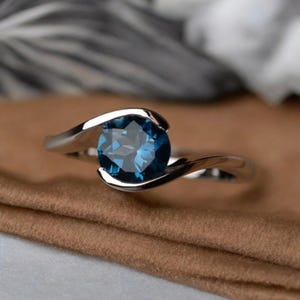 London Blue Topaz Ring: Round Solitaire, Sterling Silver