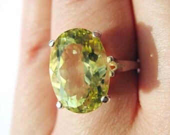 Oval Lemon Quartz Ring: Large Solitaire, Sterling Silver Cocktail Ring