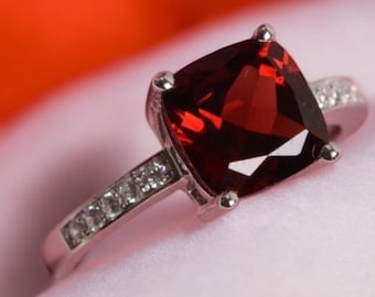 Cushion Cut Garnet Ring: Sterling Silver January Birthstone