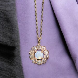 Opal Pendant in Moissanite Halo Frame, 2 Carat Opal Necklace Round Natural Fire Opal Moissanite Necklace, Opal Layering Necklace For Her