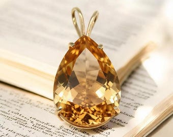 Large Pear Cut Citrine Pendant: Gold Plated Sterling Silver, 22x15mm