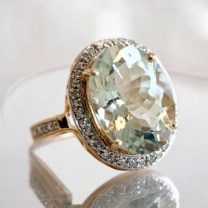 Very Large Green Amethyst Ring, Genuine Prasiolite and Moissanit Halo Engagement Ring, Unique Gemstone Gift for Women
