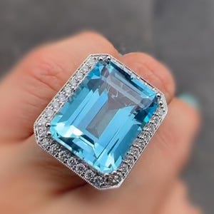 Very Large Natural Blue Topaz Halo Ring,Solid Silver 15×20 MM Emerald Cut Gemstone Anniversary Ring