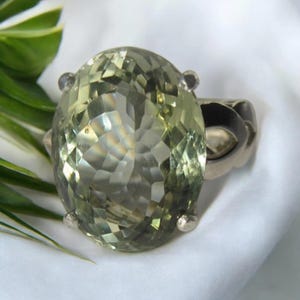Large oval green amethyst gemstone ring, oval cut prasiolite gemstone ring, 925 silver ring for girls statement ring Christmas ring