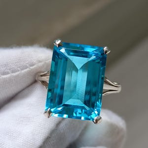 Extra Large Natural Sky Blue Topaz Ring, Silver Metal Ring, Solitaire 13x18MM Size, Large Vintage Gemstone Ring