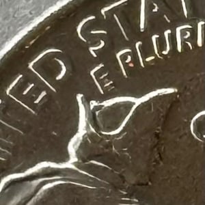 May include: Close-up of a United States quarter coin. The image focuses on the inscription "E PLURIBUS UNUM" and part of the word "STATE". The coin has a silver color and shows signs of wear.