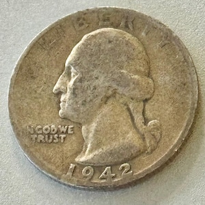 1942 S Silver Washington Quarter, 90 Percent Silver