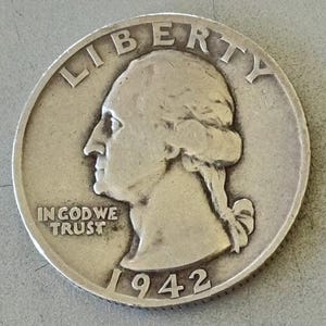 1942 S Silver Washington Quarter, 90 Percent Silver