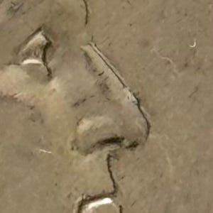 May include: Close-up of a weathered, textured surface with a partial profile of a face. The image shows the nose and part of the mouth and forehead. The surface has cracks and imperfections, suggesting age or wear.