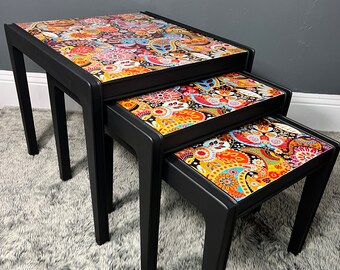 nest of 3 tables retro vintage 60’s psychedelic inspired design paisley eclectic side coffee tables