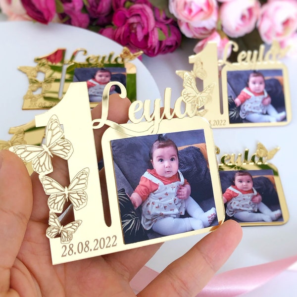 Gold Butterfly Birthday Photo Frame Magnet, 1st Birthday Favors Girl, First Birthday Party, Custom Baby Picture Frames, 1st Birthday Girl