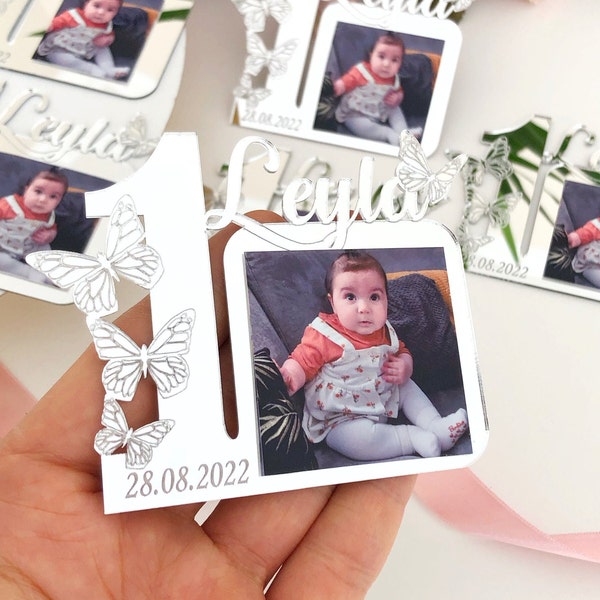 Silver Gold Birthday Photo Frame Magnet, 1st Birthday Favors Girl, First Birthday Party, Custom Baby Picture Frames, 1st Birthday Girl