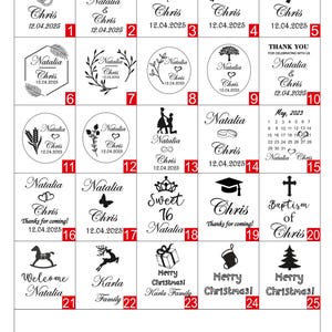 May include: A sheet of designs featuring various graphics and text elements. Designs include names like Natalia and Chris, dates, hearts, and decorative elements. The word "DESIGNS" is at the top.
