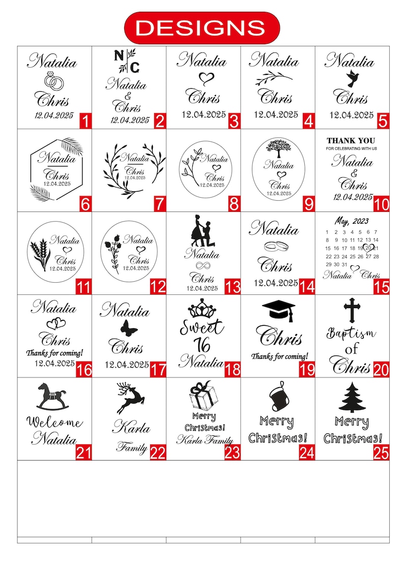 May include: A sheet of designs featuring various graphics and text elements. Designs include names like Natalia and Chris, dates, hearts, and decorative elements. The word "DESIGNS" is at the top.