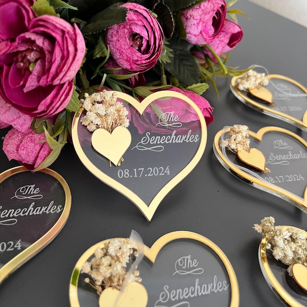 Personalisierte Herz Hochzeit Magnet, Save The Date, Plexiglas Gastgeschenke für Gäste, Danke Geschenke