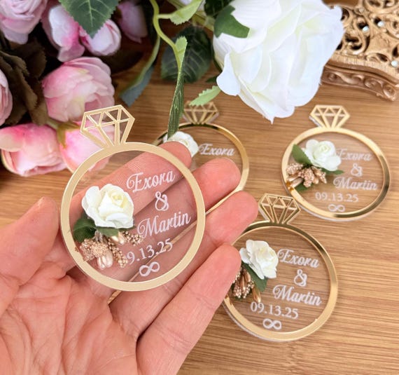 Personalized Wedding Ring Acrylic Magnet, Engagement Favors