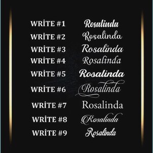 May include: A black background with gold vertical lines and the text "WRITE #1" through "WRITE #9" in white. The name "Rosalinda" is written in various fonts next to each "WRITE #" prompt.